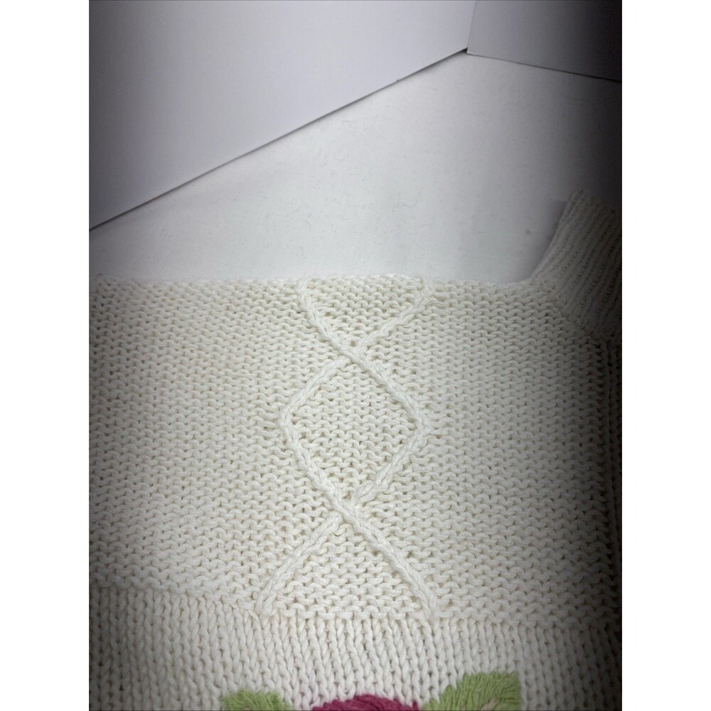 VTG Basket of Yarn Floral Embroidered Sweater M Cream Ramie Cotton - Picture 12 of 13